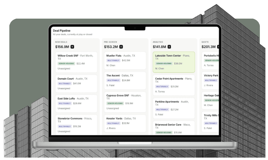 Hypha moves every deal from intake through pre-screen, analysis and quote in one pipeline, so lenders can screen more opportunities and focus analyst time on the ones that fit their credit box.